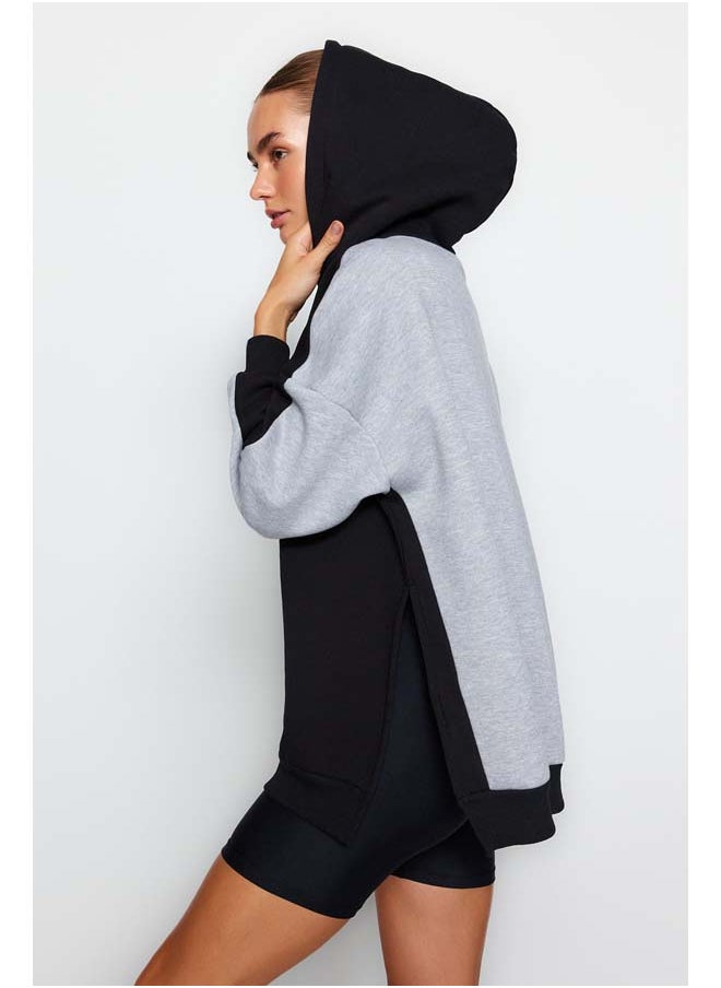 trendyol Gray Melange Color Block Wide In-Mould Fleece Knitted Sports Sweatshirt TWOSS22SW0074  - Image 2