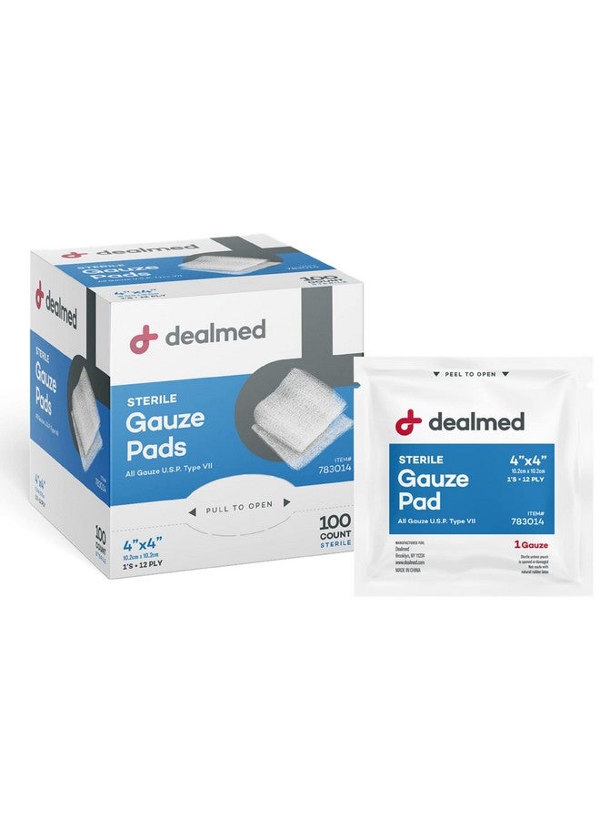 Dealmed Dealmed 4’’ x 4’’ Sterile Gauze Pads (100 Count) Disposable and Individually Wrapped Medical Gauze Pads, Wound Care Product for First Aid Kit and Medical Facilities (Pack of 1) - Image 1