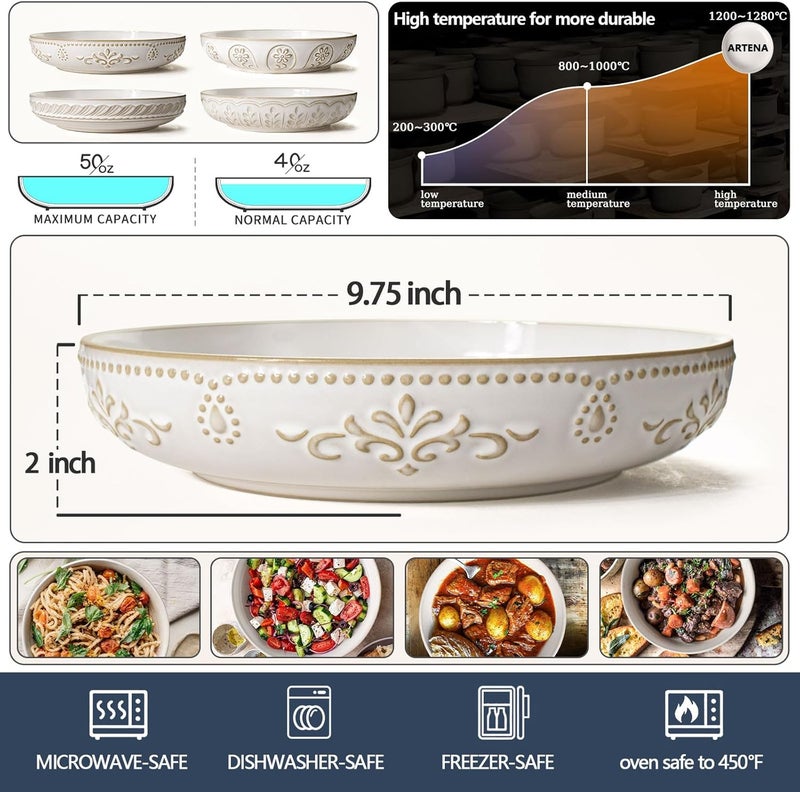 Artena أطباق باستا أرتينا 50 أونصة - أطباق سلطة كبيرة 975 - مجموعة من 4 أطباق شوربة سيراميك بيضاء كبيرة للمطبخ بتصميم بارز - أطباق عشاء ضحلة آمنة للاستخدام في الميكروويف وغسالة الصحون مع أنماط متعددة - Image 2