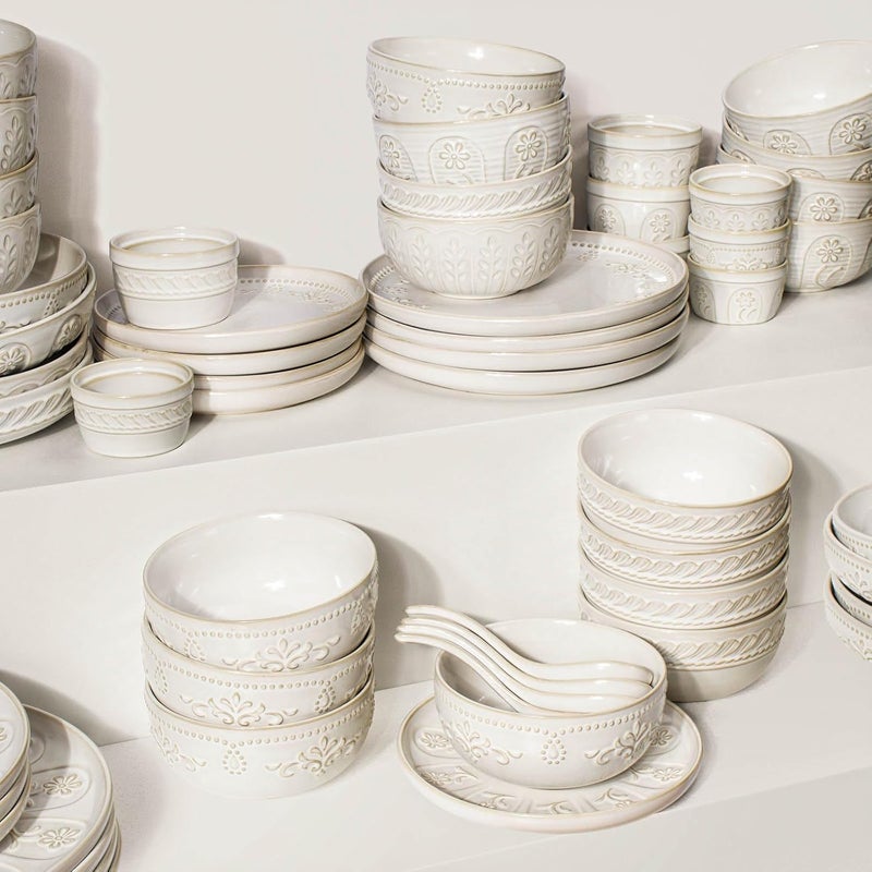 Artena أطباق باستا أرتينا 50 أونصة - أطباق سلطة كبيرة 975 - مجموعة من 4 أطباق شوربة سيراميك بيضاء كبيرة للمطبخ بتصميم بارز - أطباق عشاء ضحلة آمنة للاستخدام في الميكروويف وغسالة الصحون مع أنماط متعددة - Image 5