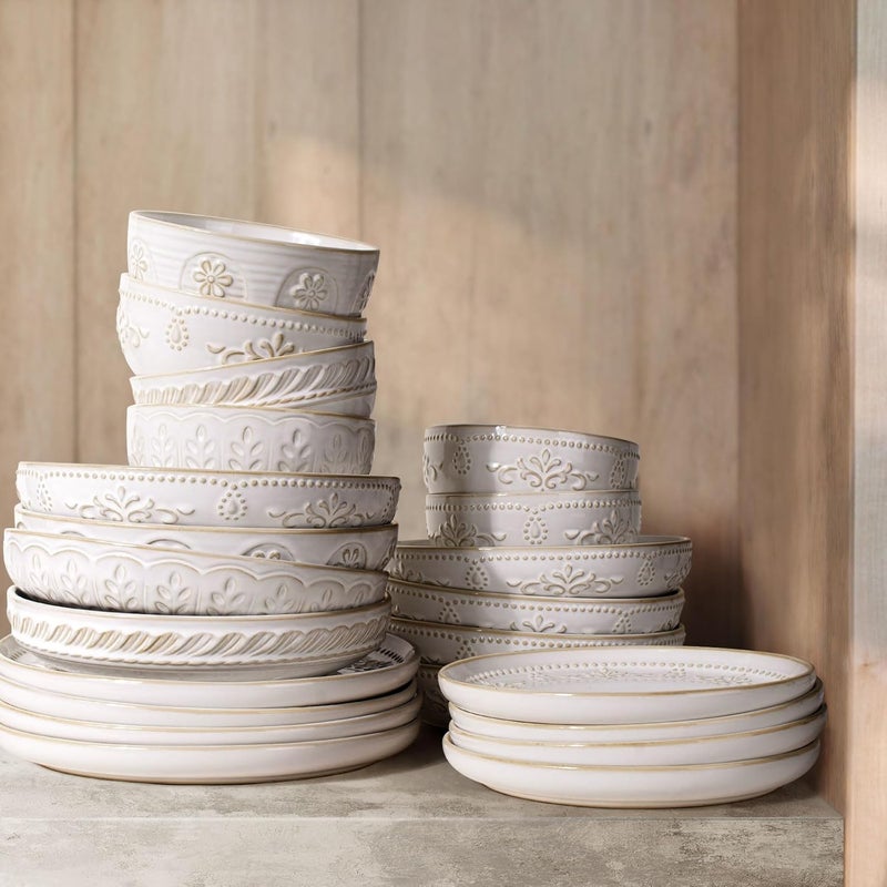 Artena أطباق باستا أرتينا 50 أونصة - أطباق سلطة كبيرة 975 - مجموعة من 4 أطباق شوربة سيراميك بيضاء كبيرة للمطبخ بتصميم بارز - أطباق عشاء ضحلة آمنة للاستخدام في الميكروويف وغسالة الصحون مع أنماط متعددة - Image 3