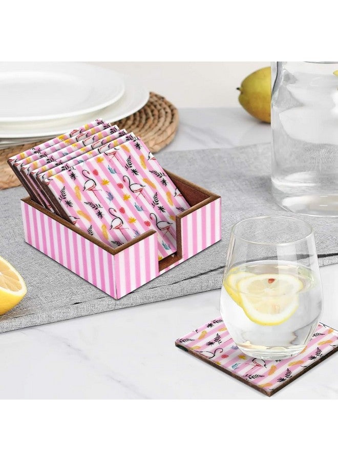 URBANFIX URBANFIX Tea Coaster Set of 6 with Coasters Stand | Resin and Wax Coated for Heat Absorbent Pad for Dining Tea Table Long Durability | Pink Flamingo (11.2 CM X 11.2 CM X 4 CM) - Image 1