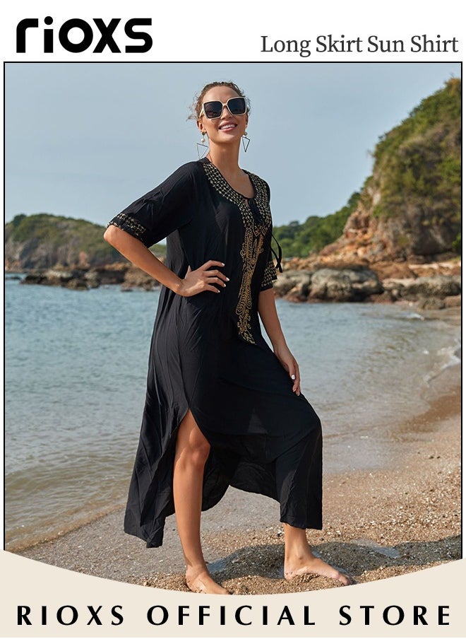 RIOXS - Women's Casual Beach Kaftan Dress with Tunic Maxi Dress Style and Embroidery Design, Elegant Comfortable Short Sleeve Caftan, Bikini Swimsuit Cover Up, Side Split Kaftan Dress, Suitable for Party, Daily Wear, Swimming Pool and Beach - Image 1