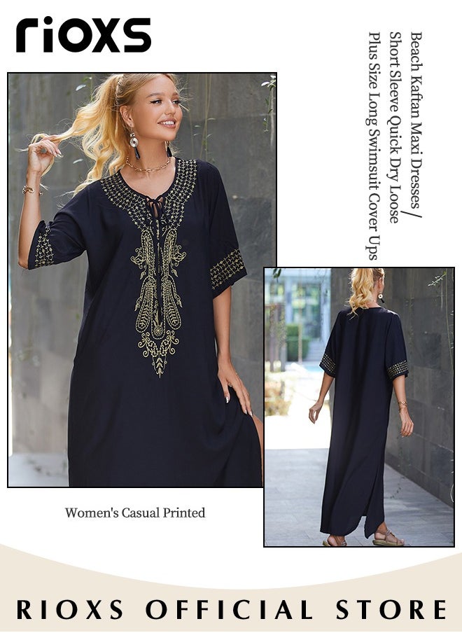 RIOXS - Women's Casual Beach Kaftan Dress with Tunic Maxi Dress Style and Embroidery Design, Elegant Comfortable Short Sleeve Caftan, Bikini Swimsuit Cover Up, Side Split Kaftan Dress, Suitable for Party, Daily Wear, Swimming Pool and Beach - Image 1