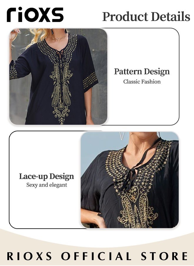 RIOXS - Women's Casual Beach Kaftan Dress with Tunic Maxi Dress Style and Embroidery Design, Elegant Comfortable Short Sleeve Caftan, Bikini Swimsuit Cover Up, Side Split Kaftan Dress, Suitable for Party, Daily Wear, Swimming Pool and Beach - Image 1