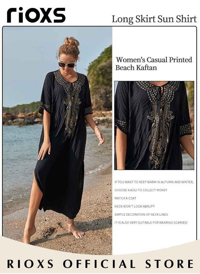 RIOXS - Women's Casual Beach Kaftan Dress with Tunic Maxi Dress Style and Embroidery Design, Elegant Comfortable Short Sleeve Caftan, Bikini Swimsuit Cover Up, Side Split Kaftan Dress, Suitable for Party, Daily Wear, Swimming Pool and Beach - Image 1