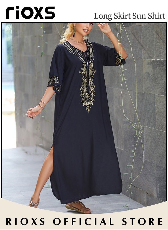 RIOXS - Women's Casual Beach Kaftan Dress with Tunic Maxi Dress Style and Embroidery Design, Elegant Comfortable Short Sleeve Caftan, Bikini Swimsuit Cover Up, Side Split Kaftan Dress, Suitable for Party, Daily Wear, Swimming Pool and Beach - Image 1