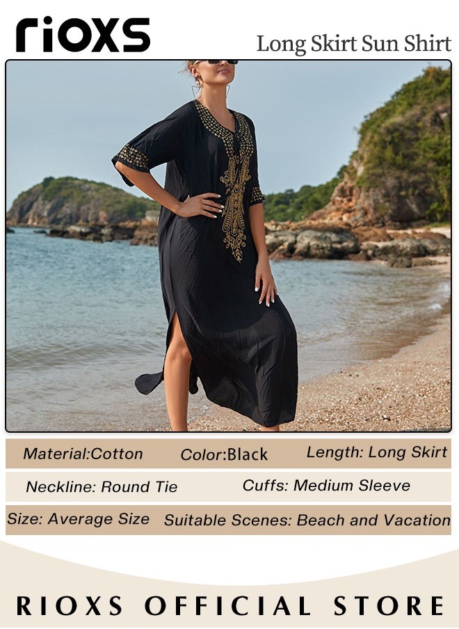 RIOXS - Women's Casual Beach Kaftan Dress with Tunic Maxi Dress Style and Embroidery Design, Elegant Comfortable Short Sleeve Caftan, Bikini Swimsuit Cover Up, Side Split Kaftan Dress, Suitable for Party, Daily Wear, Swimming Pool and Beach - Image 1