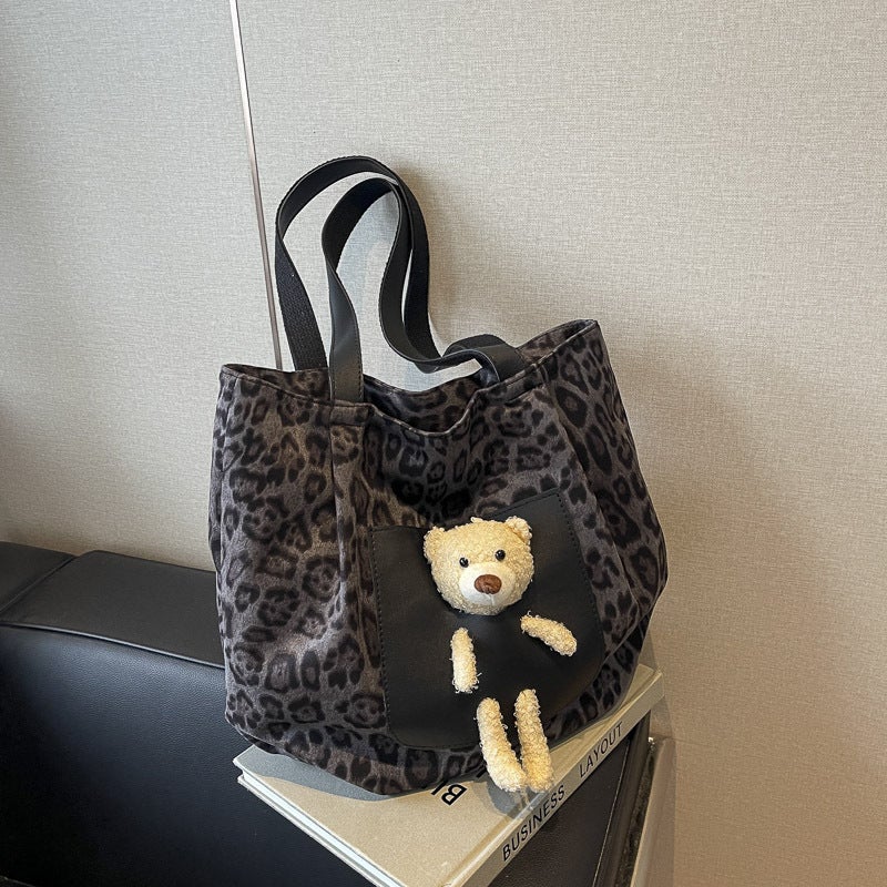 Trendy Bear Large Capacity Bag Women'S Leopard Shoulder Handbag Fashionable Personalized Commuter Tote Bag