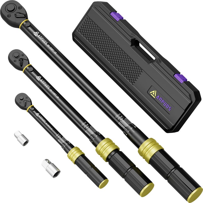 ANPUDS 1/4 3/8 1/2-inch Drive Torque Wrench, 5 Pcs Click Torque Wrench Set, 20-240in.lb, 10-110Ft.lb, 30-250Ft.lb with 2 Adapters, Dual-Direction, 72-Tooth, Dual Range Scales for Bike, Motorcycle, Car - Image 1