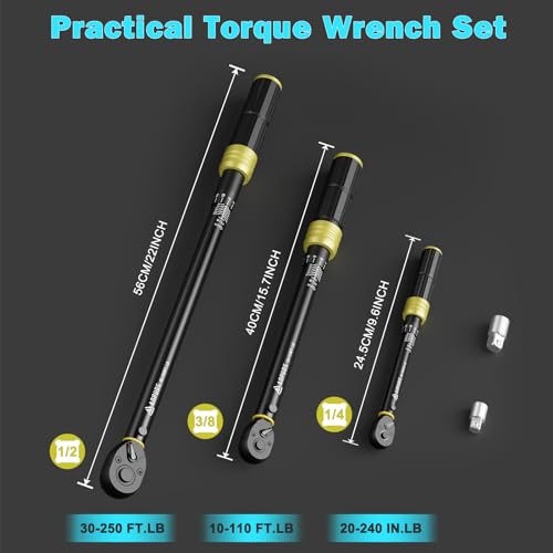 ANPUDS 1/4 3/8 1/2-inch Drive Torque Wrench, 5 Pcs Click Torque Wrench Set, 20-240in.lb, 10-110Ft.lb, 30-250Ft.lb with 2 Adapters, Dual-Direction, 72-Tooth, Dual Range Scales for Bike, Motorcycle, Car - Image 2