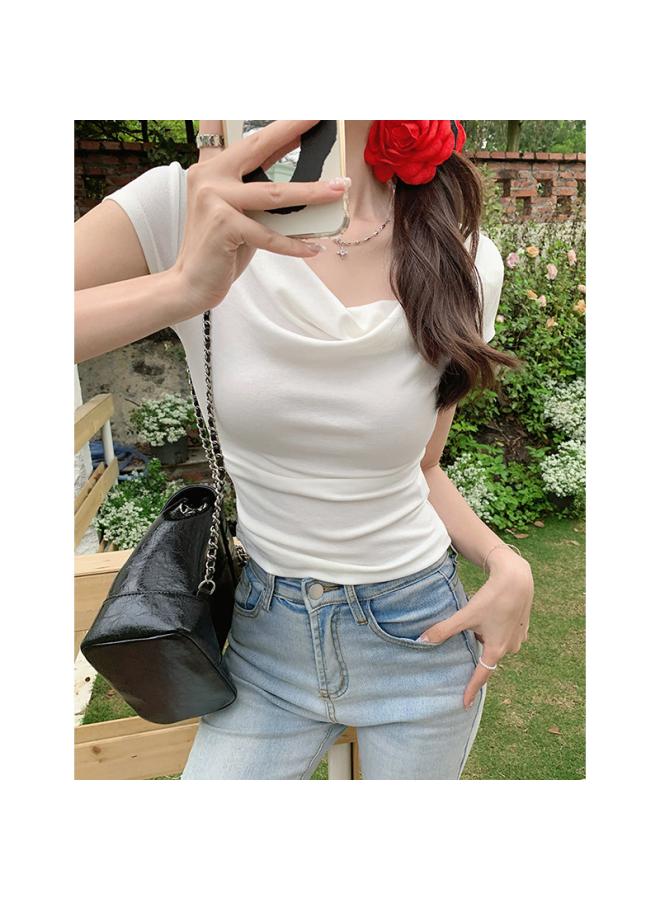 Song Feng Ya Design Sense Niche Swing Collar Top Women's Short-sleeved T-shirt Short Shoulder Irregular Hot Girl Slim-fit Slimming Summer 