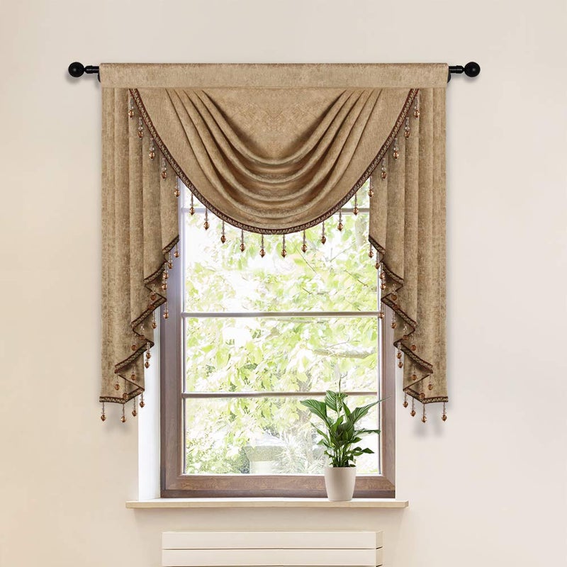 ELKCA Double-Sided Chenille Valance for Living Room,Coffee Curtains Valance with Beads for Bedroom,Rod Pocket(W39Inch,1 Panel) - Image 1