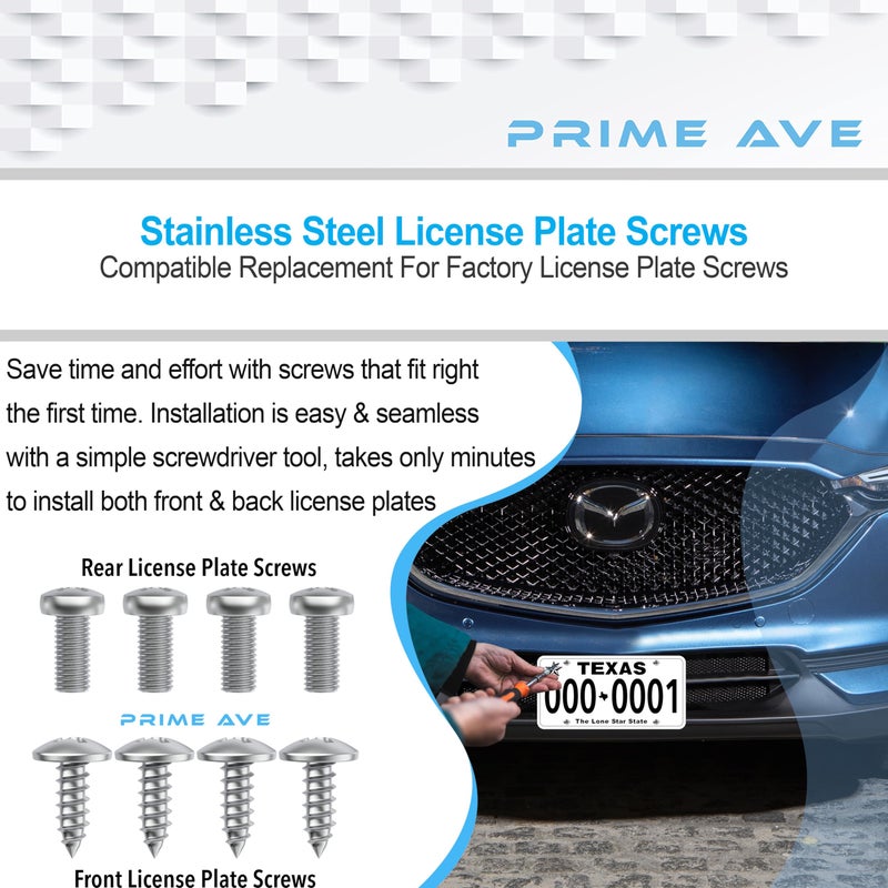 PRIME AVE Stainless Steel License Plate Screws for License Plates, Frames, Covers - Durable & Rust Proof Licence Plate Screw Set for Front/Rear - Compatible with Mazda (Pack of 8) - Image 4