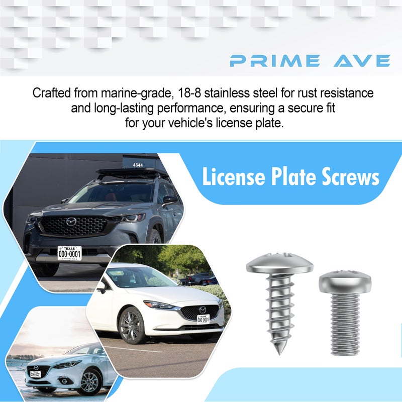 PRIME AVE Stainless Steel License Plate Screws for License Plates, Frames, Covers - Durable & Rust Proof Licence Plate Screw Set for Front/Rear - Compatible with Mazda (Pack of 8) - Image 5