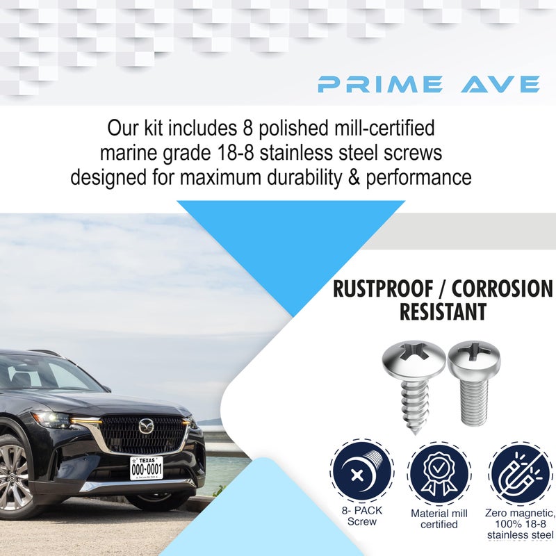 PRIME AVE Stainless Steel License Plate Screws for License Plates, Frames, Covers - Durable & Rust Proof Licence Plate Screw Set for Front/Rear - Compatible with Mazda (Pack of 8) - Image 3