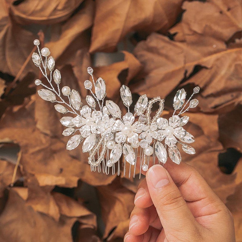 Urieo Wedding Rhinestone Hair Comb Silver Pearl Bride Hair Side Combs Flower Bridal Sparkly Crystal Hair Accessories for Women and Girls