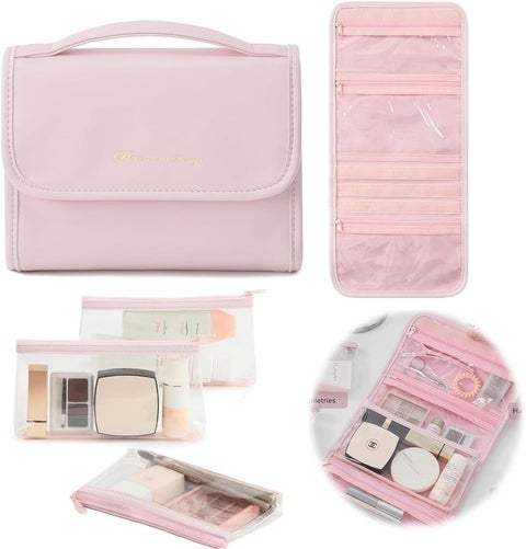 Travel Makeup Bag, Toiletry Organizer with handle & Three Removable Clear Cosmetic Bags, Suitable for Carry-On Travel Essentials, Pink