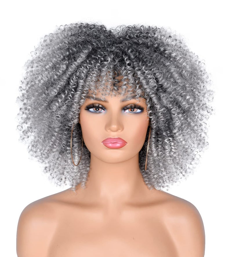 ANNISOUL 10Inch Short Curly Afro Wigs for Black Women Bomb Afro Kinky Curly Wig with Bangs Synthetic Fiber Full WigOmbre Grey