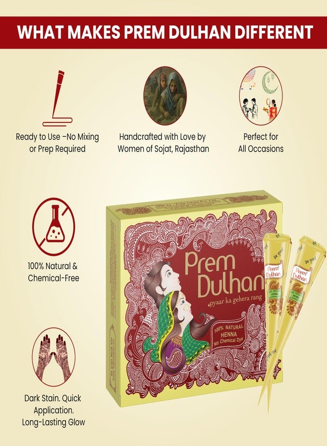 Prem Dulhan Natural Henna-Based Mehendi Cones Set (Pack of 1), 12 Cones for Hand Designing – Chemical-Free, Perfect for Weddings & Traditional Occasions – Yellow Joy Box, for Women & Girls - Image 4