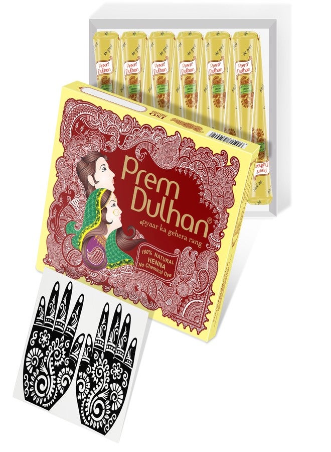 Prem Dulhan Natural Henna-Based Mehendi Cones Set (Pack of 1), 12 Cones for Hand Designing – Chemical-Free, Perfect for Weddings & Traditional Occasions – Yellow Joy Box, for Women & Girls - Image 1