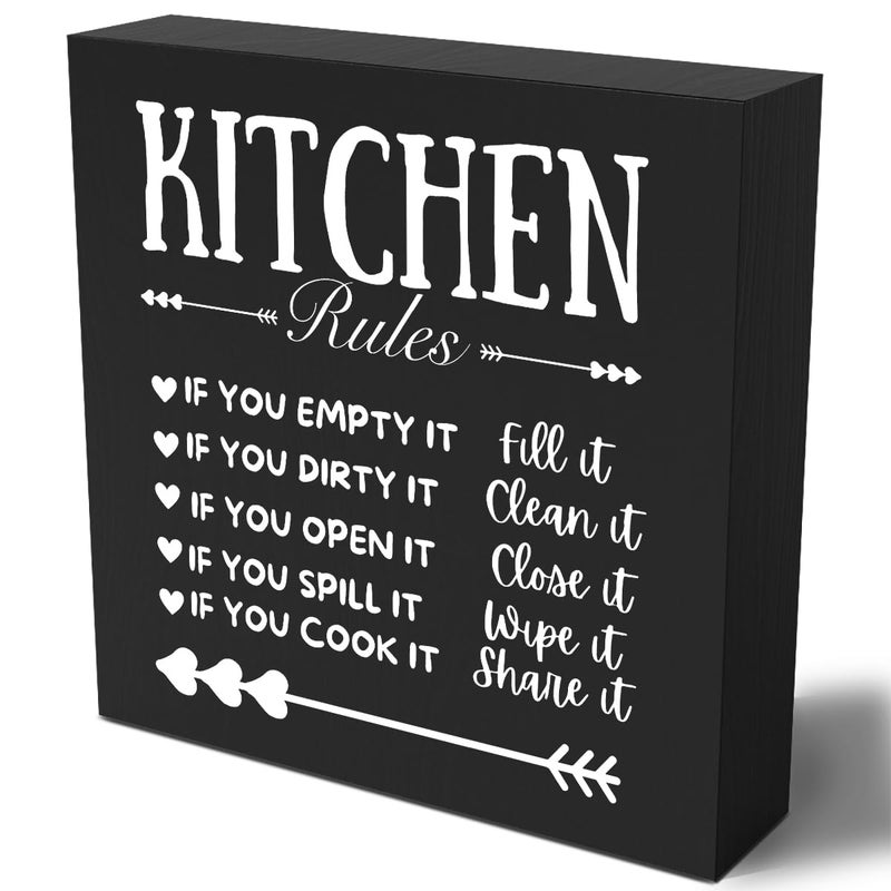 Woght Funny Kitchen Decor Rustic Kitchen Decorations Wood Sign Desk Decor Farmhouse Black Wooden Box Sign for Home Dining Room Coffee Shelf Table Bar Living Room Counter Housewarming Gift - Image 1