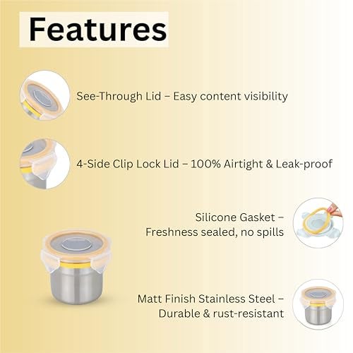 STEELLOCK Stainless Steel Airtight Container with Lid | Leakproof, BPA-Free | Multipurpose Food Storage Containers/Tiffin/Dabba for Office, School & Kitchen | SL-1102-set of 3, 200ml each, Yellow - Image 5
