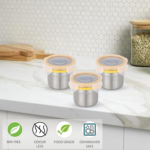 STEELLOCK Stainless Steel Airtight Container with Lid | Leakproof, BPA-Free | Multipurpose Food Storage Containers/Tiffin/Dabba for Office, School & Kitchen | SL-1102-set of 3, 200ml each, Yellow - Image 3