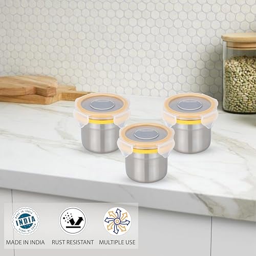 STEELLOCK Stainless Steel Airtight Container with Lid | Leakproof, BPA-Free | Multipurpose Food Storage Containers/Tiffin/Dabba for Office, School & Kitchen | SL-1102-set of 3, 200ml each, Yellow - Image 4