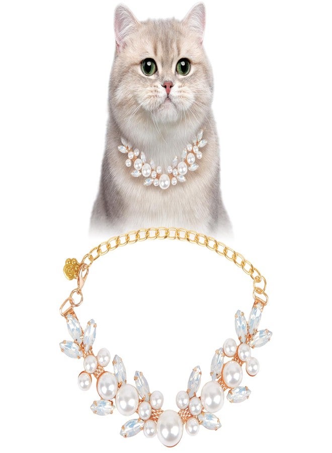 HOWWFALY Dog Cat Pearl Collars with Cute Pet Paw Gold Chain Stainless Steel Collars Necklace Adjustable Collar Dog Chain Cat White Pearl Pet Collar (White, S) - Image 1