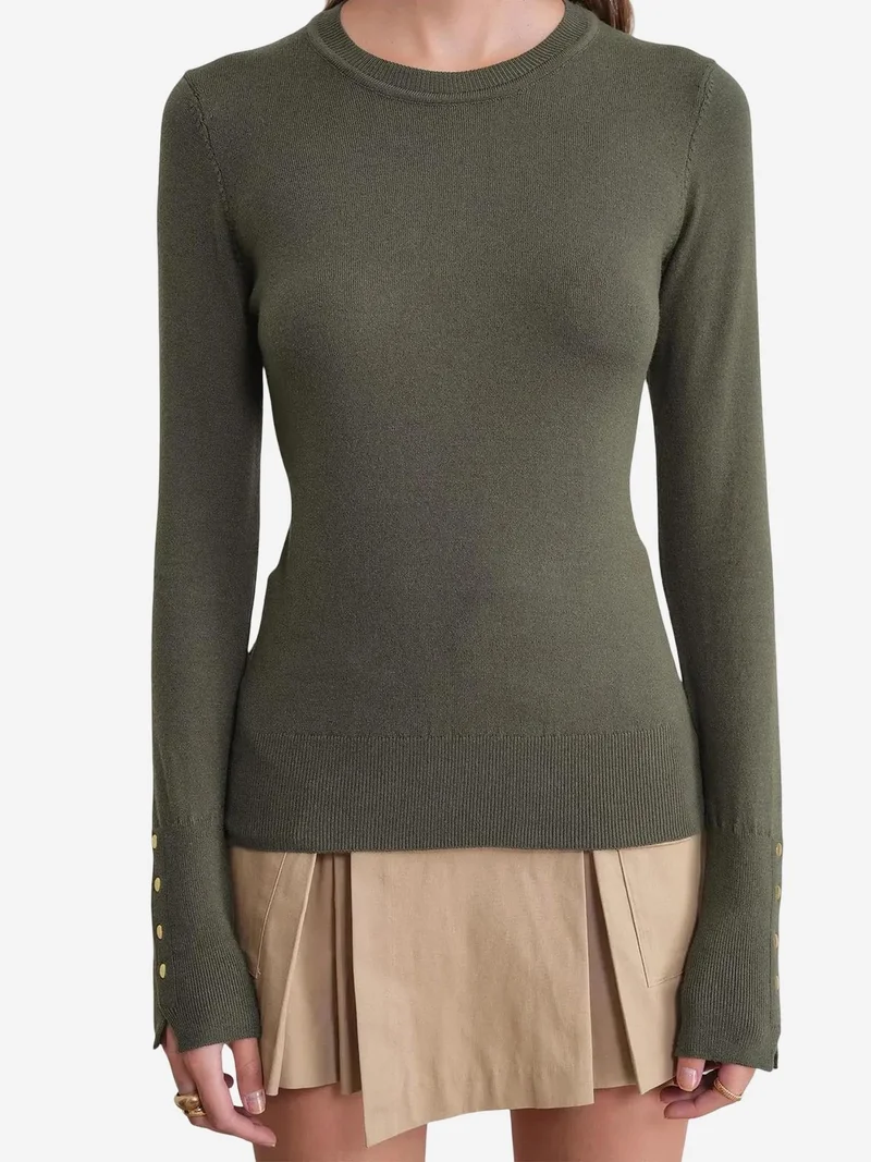 MixRay Khaki Green Mixray Crew Neck Knit Sweater for Women | Best Price UAE