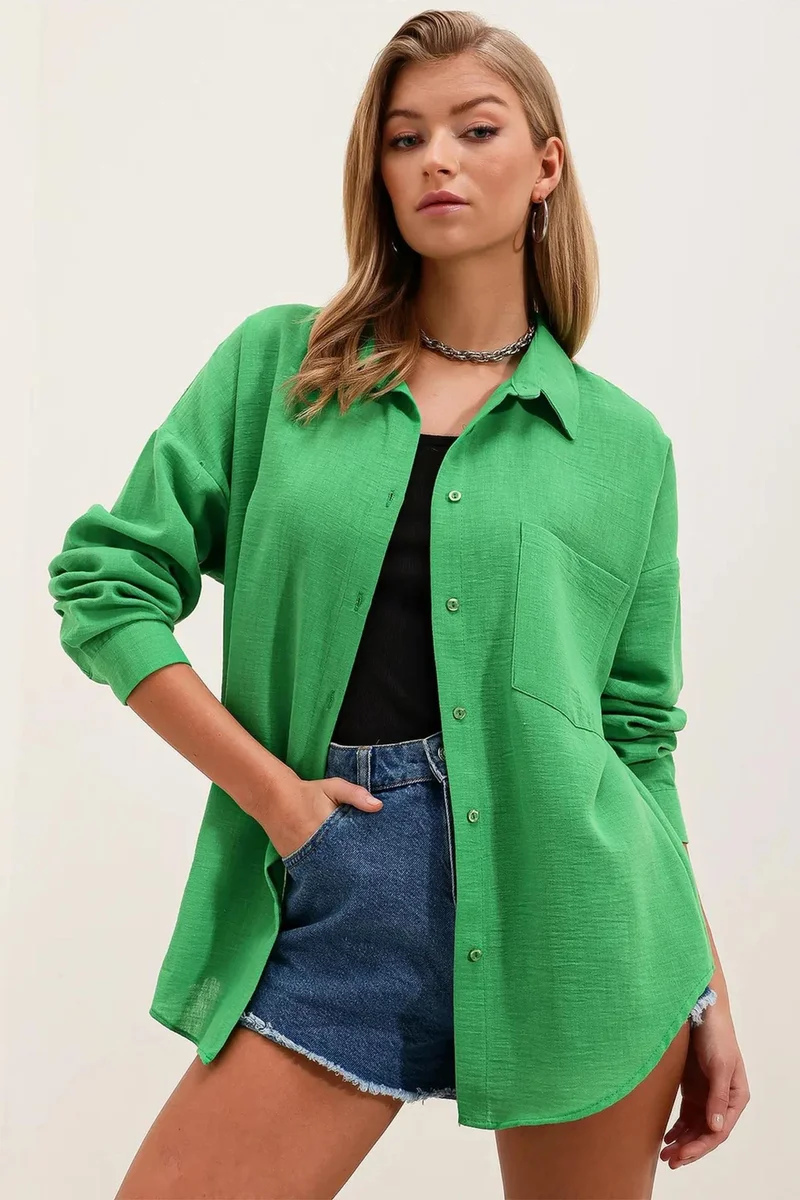 Big Dart Green BDART Linen Blended Shirt with Button Closure for Women | Best Price UAE