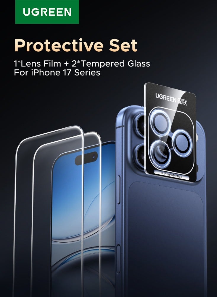 يو جرين مجموعة واقي شاشة 2P وواقي عدسة كاميرا 1P لهاتف آيفون 17 برو فائق الوضوح مقاوم للخدش، حماية من الدرجة العسكرية، سهل التركيب، مضاد لبصمات الأصابع، غشاء زجاجي خالٍ من الفقاعات - Image 1