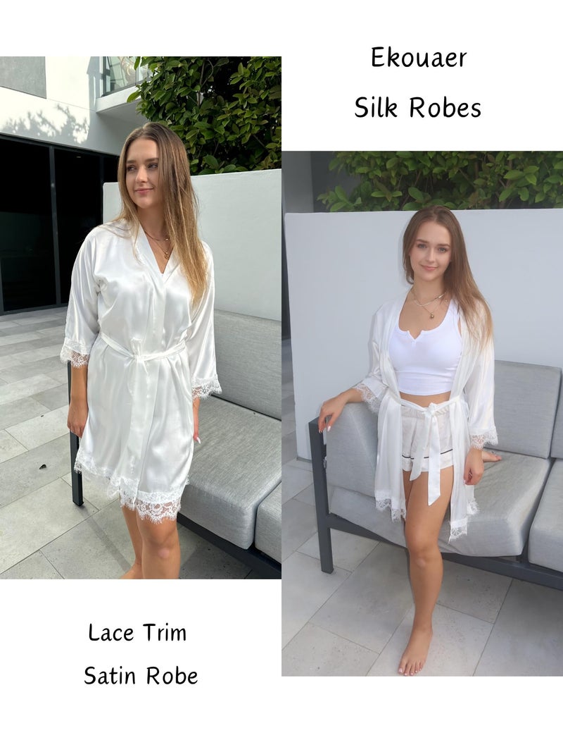 Ekouaer Women Satin Robes Short Silky Batheobe with Pockets Sexy Bridesmaid Wedding Kimono Robes Sleepwear White L - Image 4