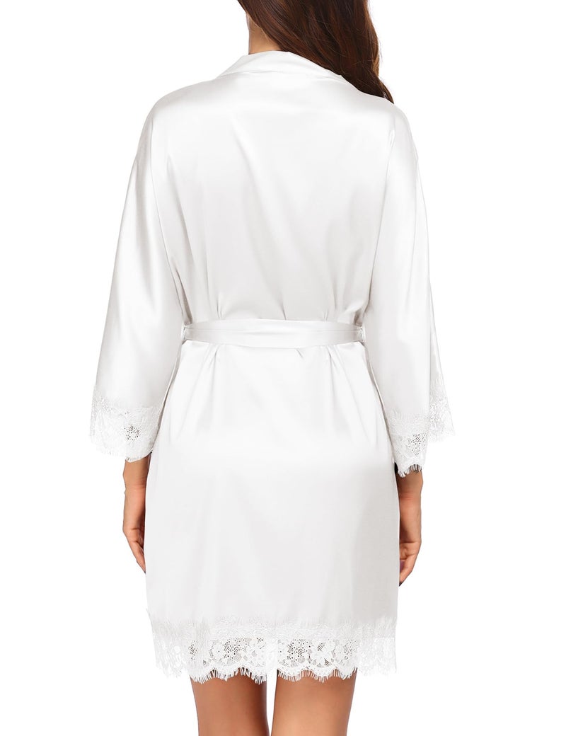 Ekouaer Women Satin Robes Short Silky Batheobe with Pockets Sexy Bridesmaid Wedding Kimono Robes Sleepwear White L - Image 5