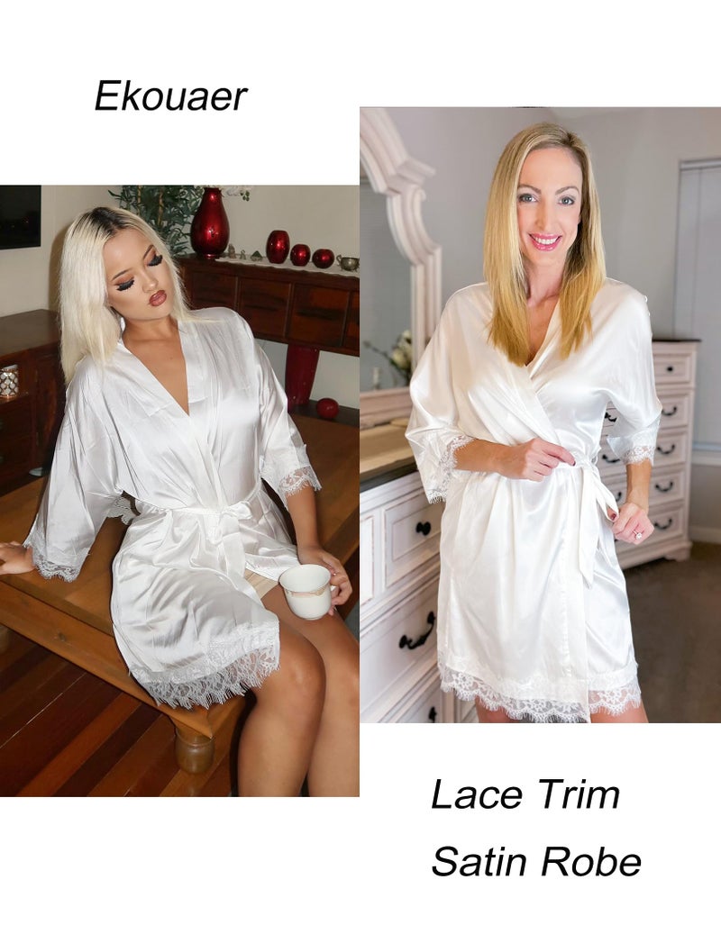 Ekouaer Women Satin Robes Short Silky Batheobe with Pockets Sexy Bridesmaid Wedding Kimono Robes Sleepwear White L - Image 3