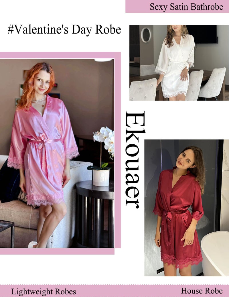 Ekouaer Women Satin Robes Short Silky Batheobe with Pockets Sexy Bridesmaid Wedding Kimono Robes Sleepwear White L - Image 2