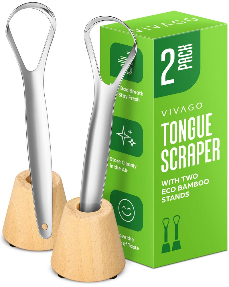 VIVAGO Tongue Scraper for Adults with Holder (2 Pack) - Metal Tongue Scraper for Tongue Cleaning and Reducing Bad Breath - Stainless Steel Tongue Scraper for Adults, Tongue Cleaner for Adults - Image 1