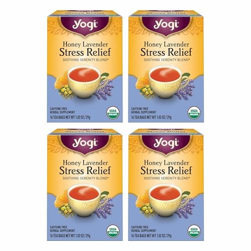 Yogi Tea Honey Lavender Stress Relief  16 Bags per Pack 4 Packs  Organic Chamomile Lavender Tea  Includes Lemon Balm Lemongrass Spearmint Leaf Peppermint Leaf Honey Flavor  More - Image 1