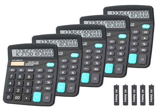 BESTWYA الآلات الحاسبة، آلة حاسبة بزر كبير مع شاشة LCD مائلة، 12 رقم، تعمل بالطاقة المزدوجة، محمولة ومكتبية، مثالية للمكتب، المدرسة، المنزل (أسود، عبوة من 5) - Image 1