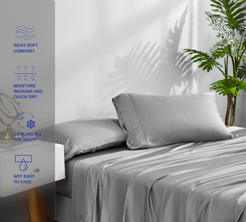 ACCURATEX Cooling Sheets King Size - Viscose Made from Bamboo, Luxury Cool Silky Sheet Set for King Size Bed, Super Soft Breathable Bedding Sheets up to 16 inches Deep Pockect,Grey - Image 3