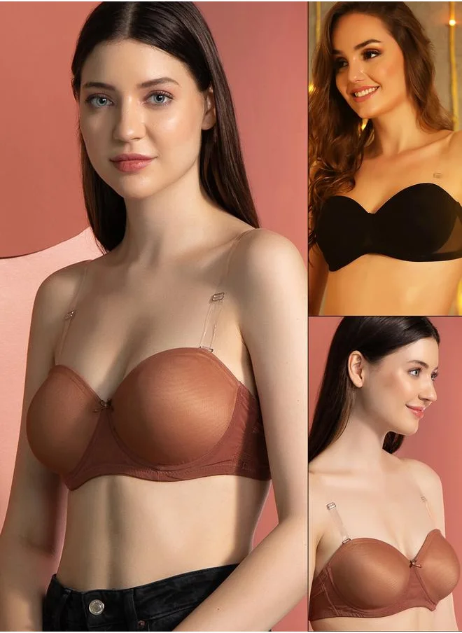 Clovia Pack of 2 - Padded Underwired Balconette Bra with Transparent Straps and Band