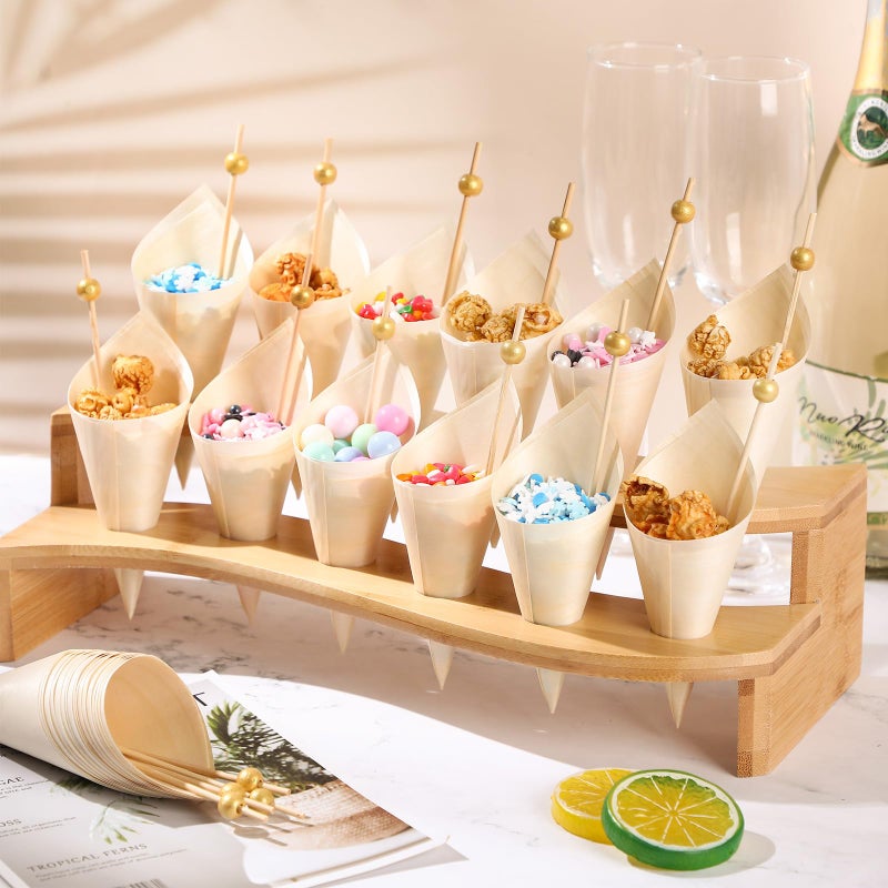 Queekay 100 Disposable Wood Cones for Food with 2 Pcs 12 Holes Charcuterie Cones Holder Stand Ice Cream Cone Display Stand 100 Fancy Toothpicks for Appetizers Catered Events Wedding Buffets Parties - Image 4
