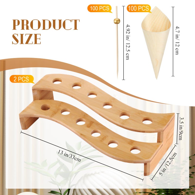 Queekay 100 Disposable Wood Cones for Food with 2 Pcs 12 Holes Charcuterie Cones Holder Stand Ice Cream Cone Display Stand 100 Fancy Toothpicks for Appetizers Catered Events Wedding Buffets Parties - Image 2
