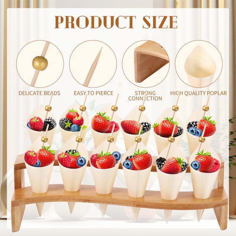 Queekay 100 Disposable Wood Cones for Food with 2 Pcs 12 Holes Charcuterie Cones Holder Stand Ice Cream Cone Display Stand 100 Fancy Toothpicks for Appetizers Catered Events Wedding Buffets Parties - Image 3