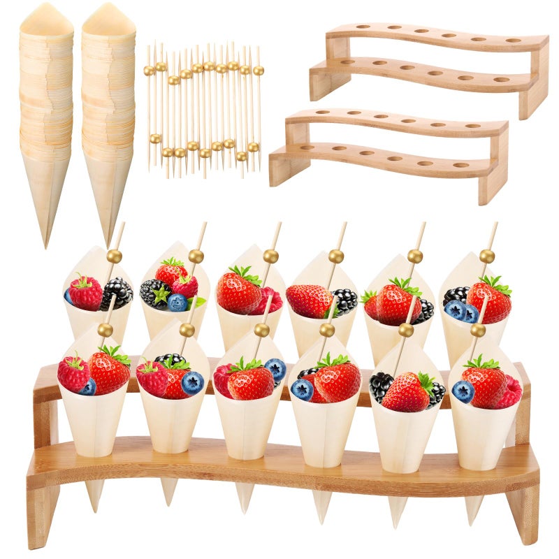 Queekay 100 Disposable Wood Cones for Food with 2 Pcs 12 Holes Charcuterie Cones Holder Stand Ice Cream Cone Display Stand 100 Fancy Toothpicks for Appetizers Catered Events Wedding Buffets Parties - Image 1