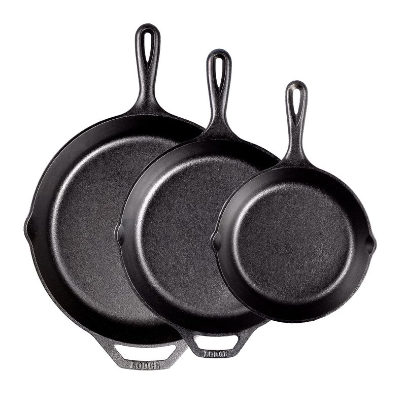 Lodge PreSeasoned Cast Iron Skillet Set  Set Includes 8 Inch Skillet 1025 Inch Skillet and 12 inch Skillet  3 Piece