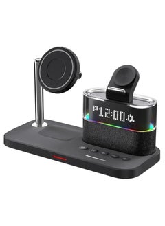 5-in-1 Charging Station Dock with Touch Colorful RGB Light, Wireless Charger, Alarm Clock, and Multi-device Compatibility for iPhone (Black)
