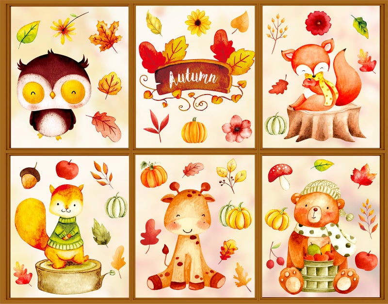 Whaline Fall Window Clings Watercolor Animal Maple Leaves Window Stickers Double-Side Glass Decals for Autumn Thanksgiving Home Party Decoration  7.9 x 11.8 Inch  9 Sheet - Image 1