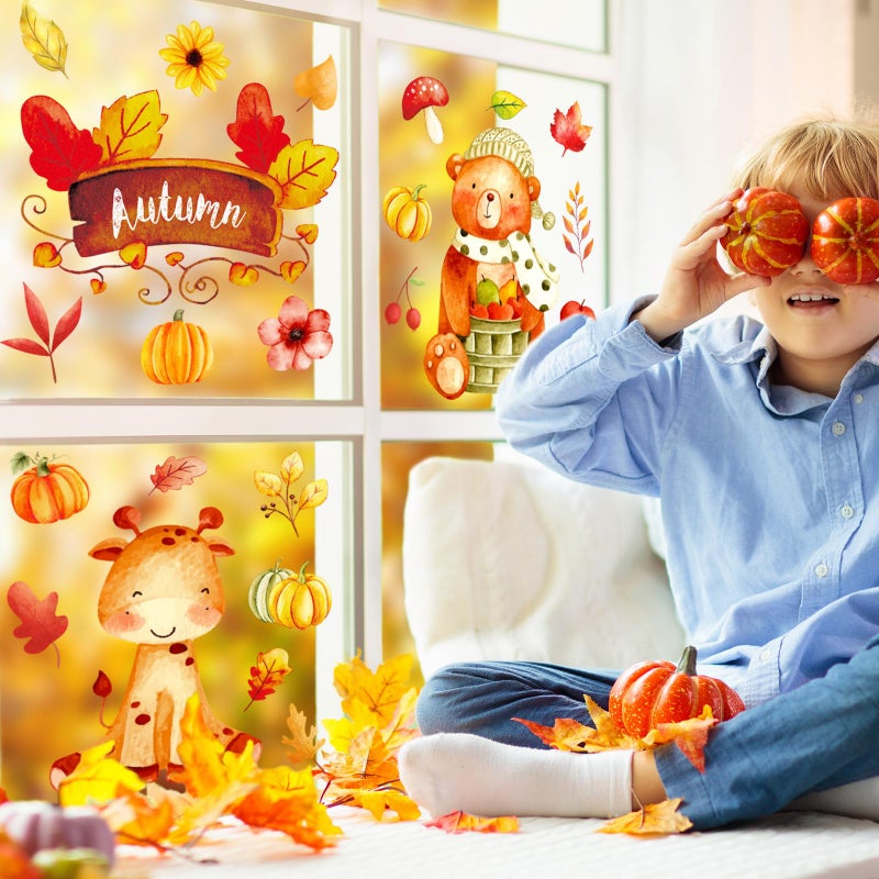 Whaline Fall Window Clings Watercolor Animal Maple Leaves Window Stickers Double-Side Glass Decals for Autumn Thanksgiving Home Party Decoration  7.9 x 11.8 Inch  9 Sheet - Image 3